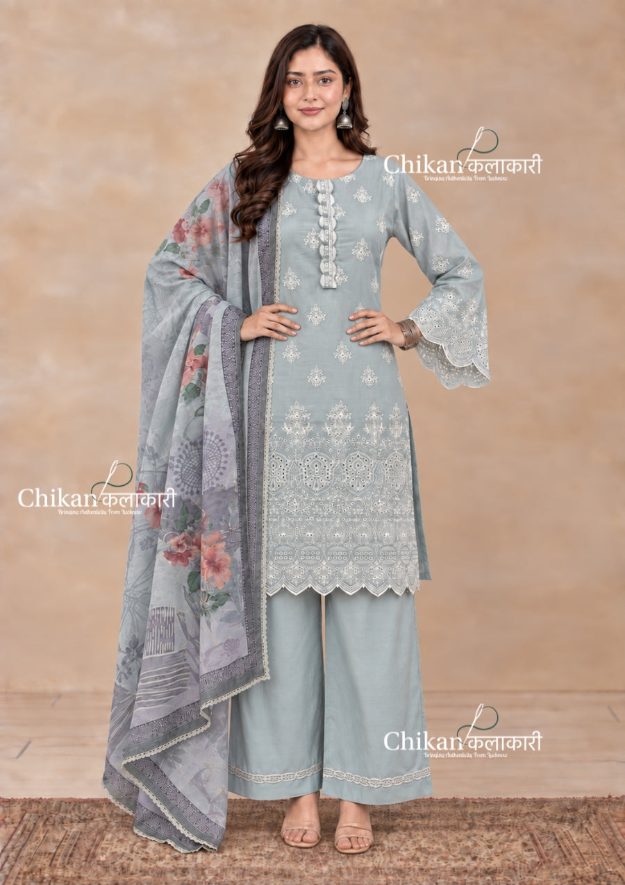 Adaa Sage Green Cotton Threadwork Straight Kurta With Palazzos & Dupatta
