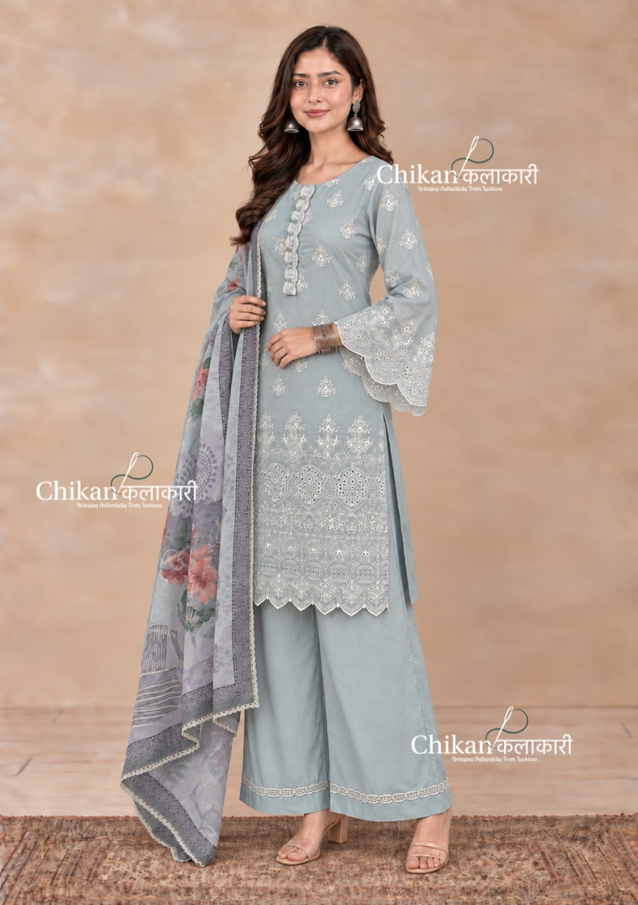 Adaa Sage Green Cotton Threadwork Straight Kurta With Palazzos & Dupatta
