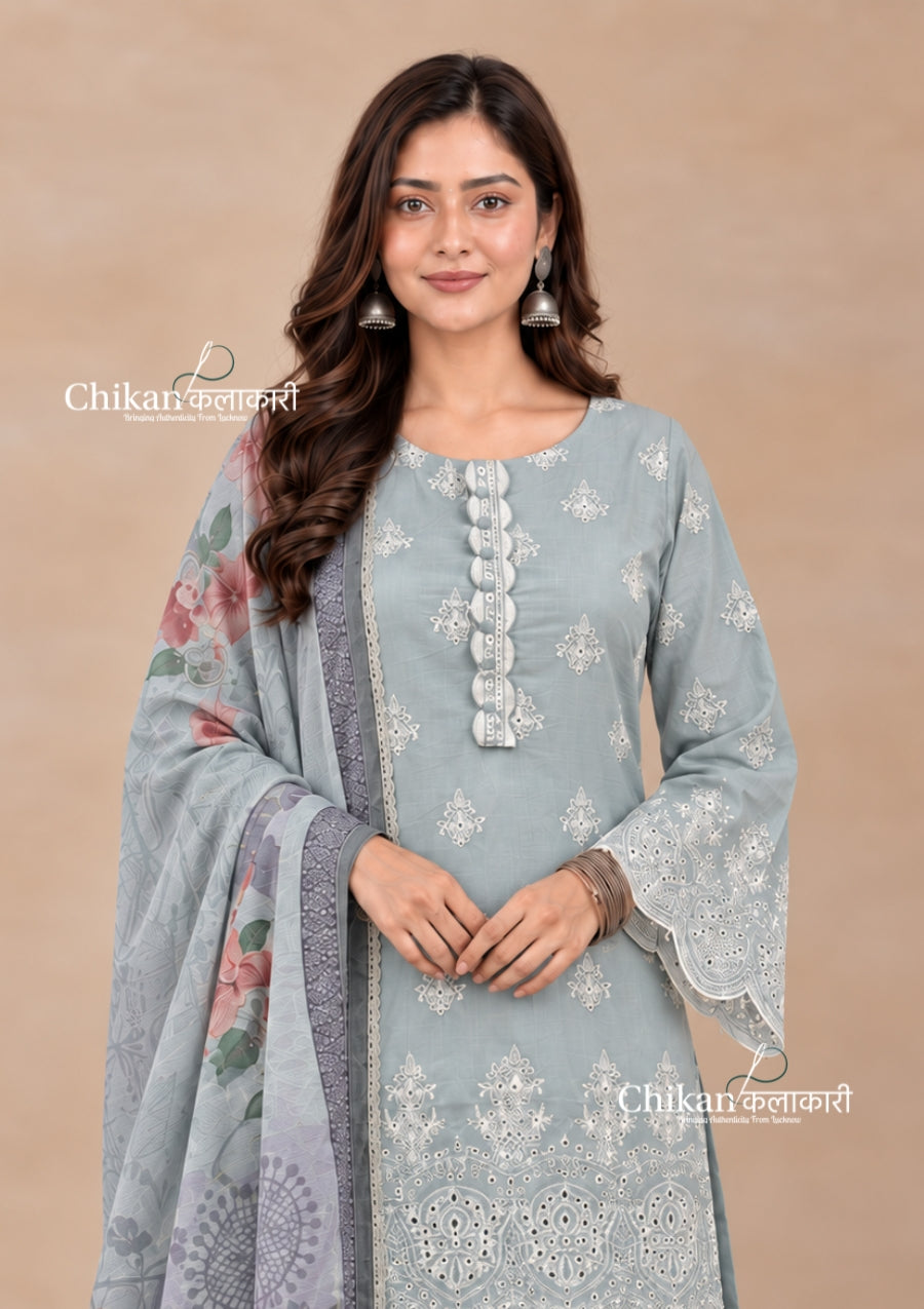 Adaa Sage Green Cotton Threadwork Straight Kurta With Palazzos & Dupatta