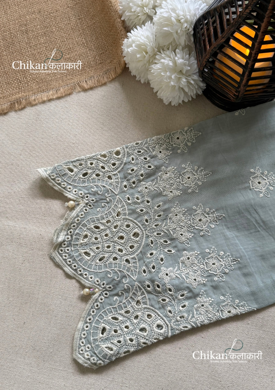 Adaa Sage Green Cotton Threadwork Straight Kurta With Palazzos & Dupatta