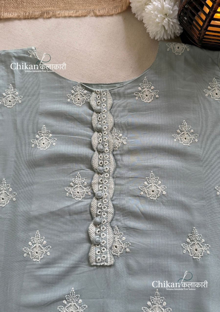 Adaa Sage Green Cotton Threadwork Straight Kurta With Palazzos & Dupatta