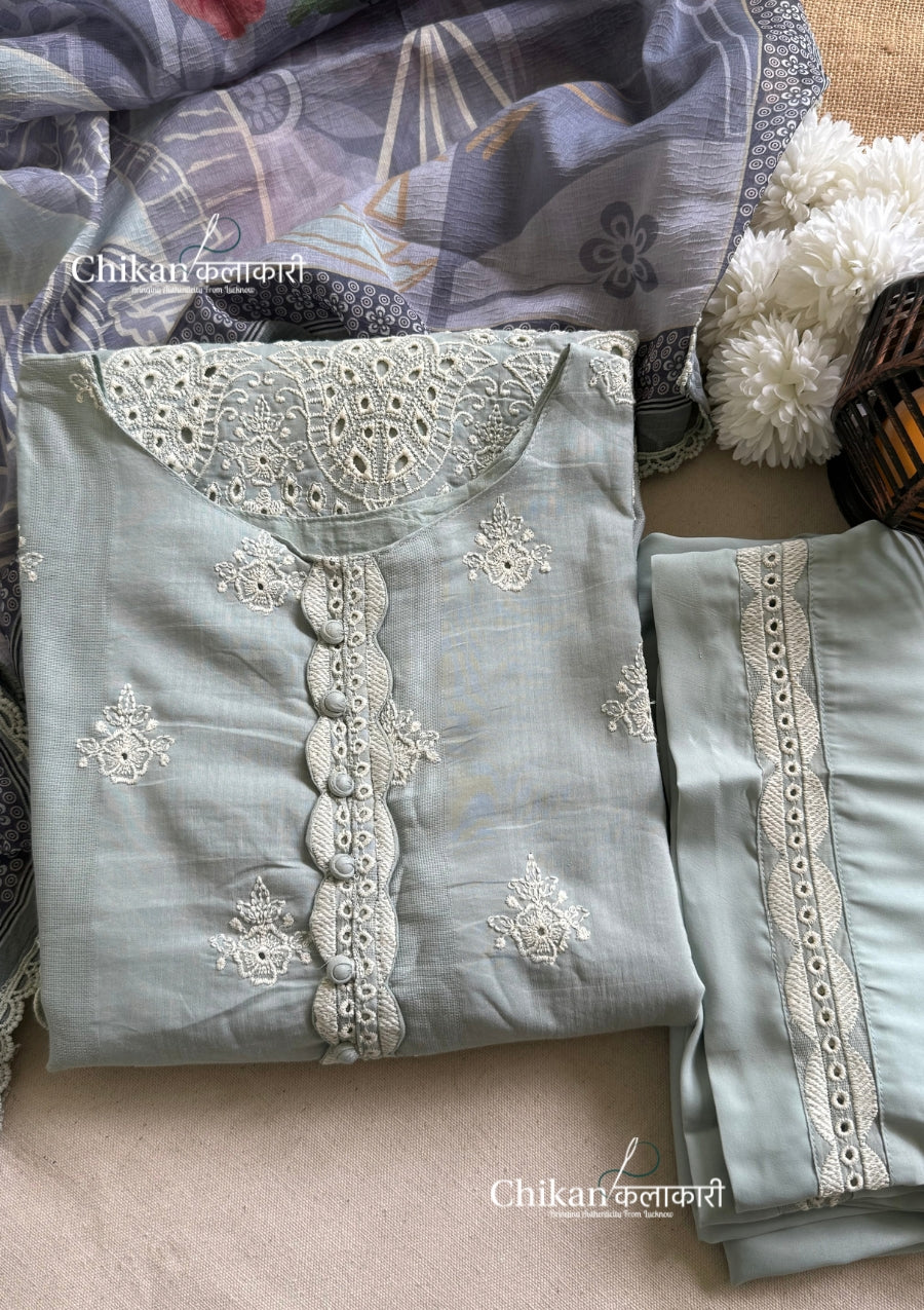 Adaa Sage Green Cotton Threadwork Straight Kurta With Palazzos & Dupatta
