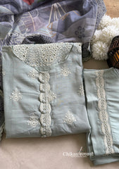 Adaa Sage Green Cotton Threadwork Straight Kurta With Palazzos & Dupatta