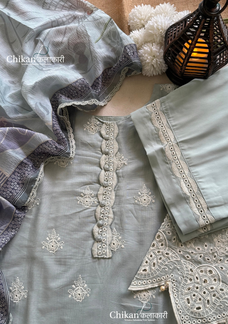 Adaa Sage Green Cotton Threadwork Straight Kurta With Palazzos & Dupatta