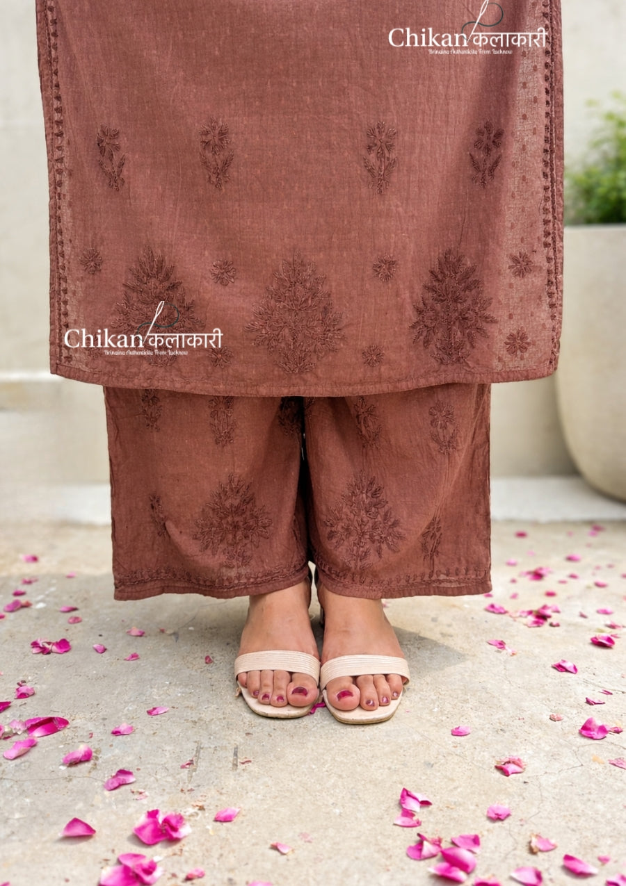 Adah Cotton Chikankari Kurti Set - Brown
