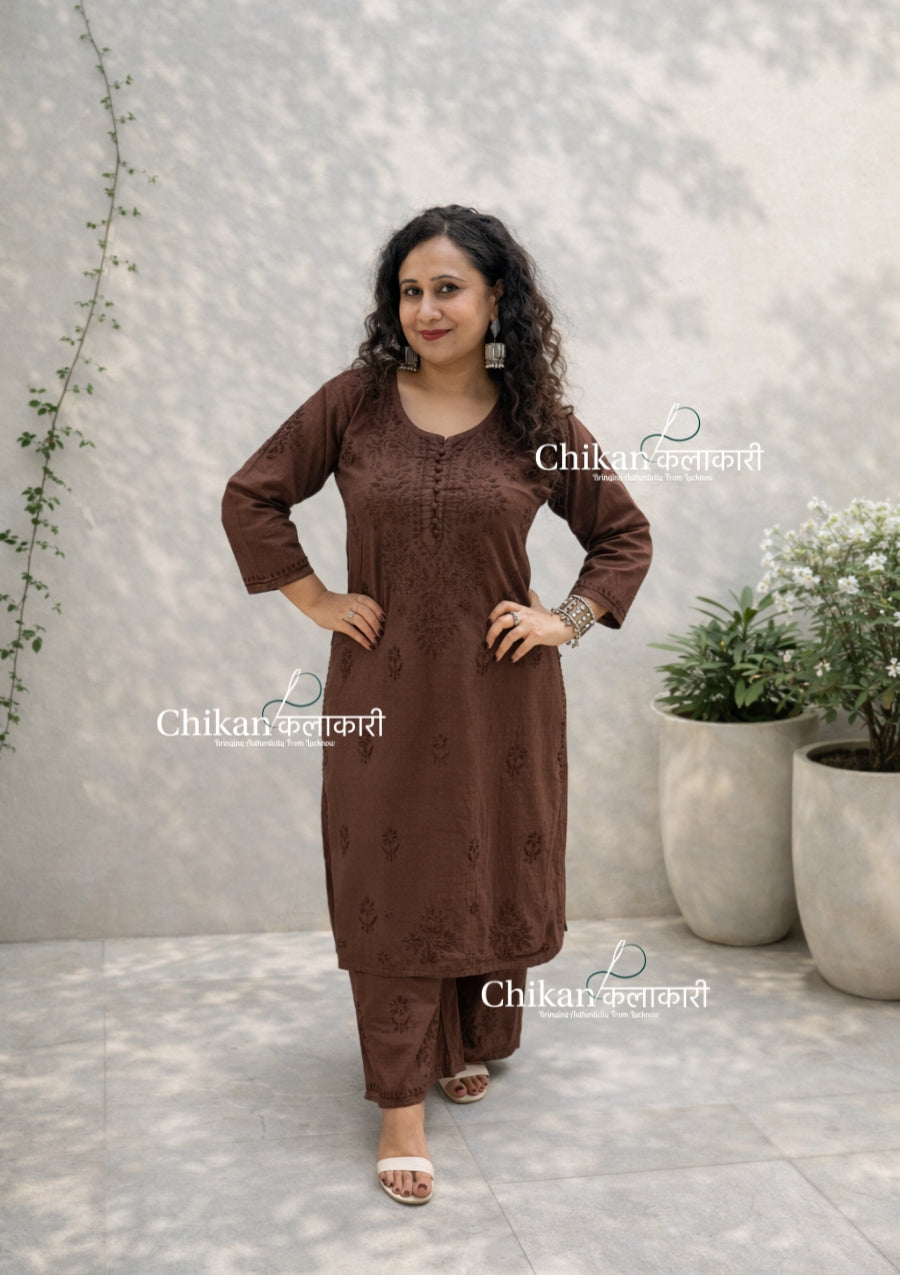 Adah Cotton Chikankari Kurti Set - Brown