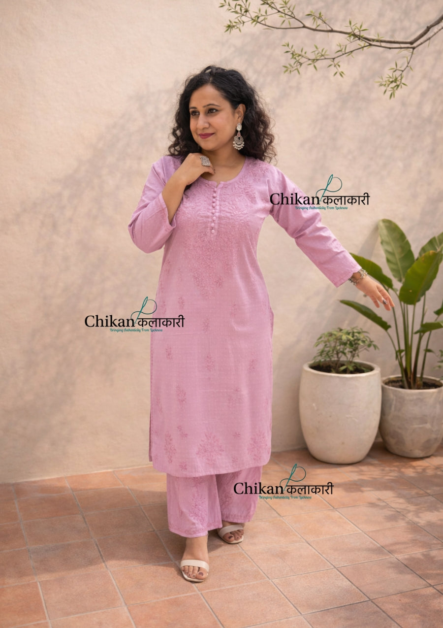 Adah Cotton Chikankari Kurti Set - Light Purple