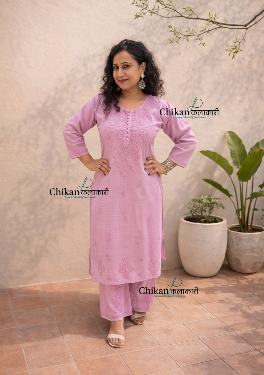 Adah Cotton Chikankari Kurti Set - Light Purple