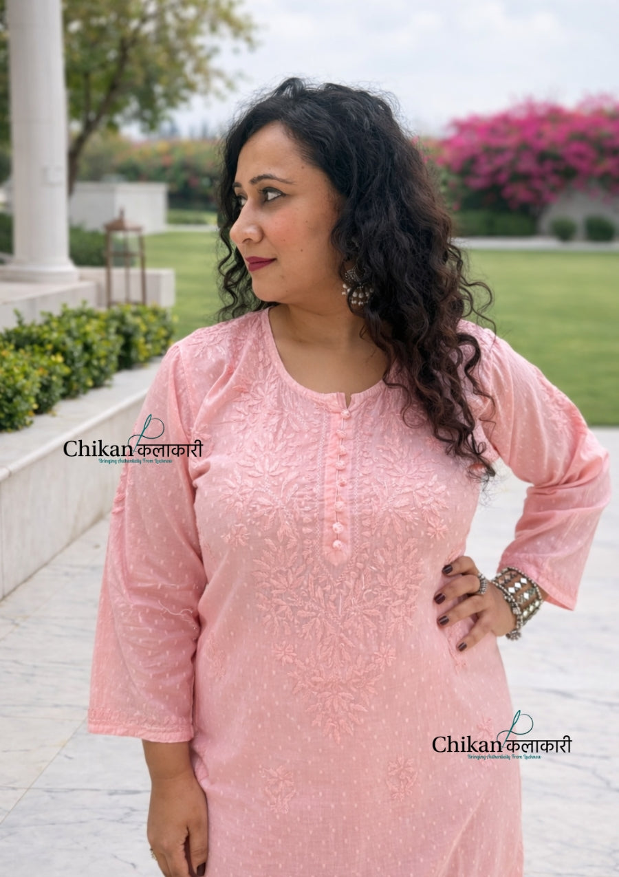 Adah Cotton Chikankari Kurti Set - Peachy Pink