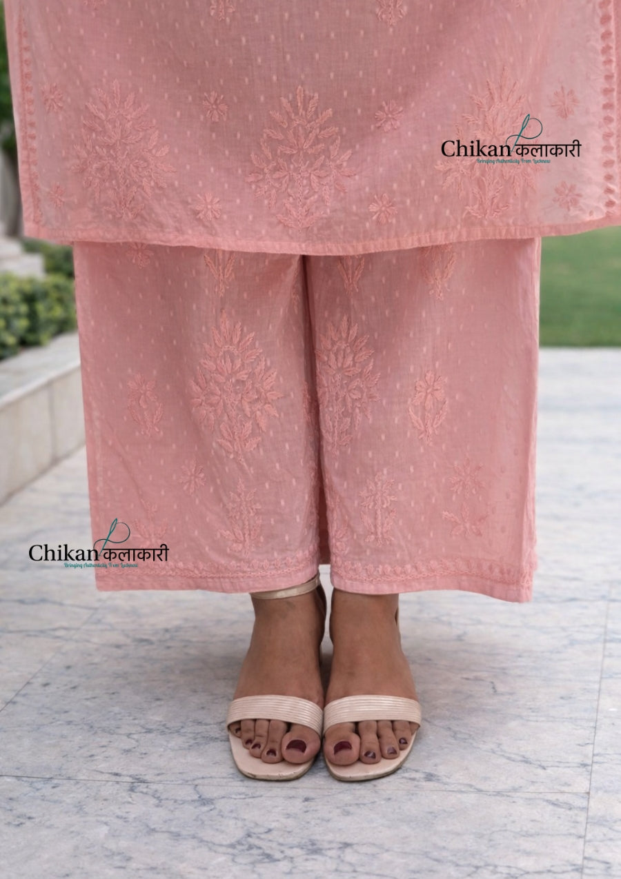 Adah Cotton Chikankari Kurti Set - Peachy Pink