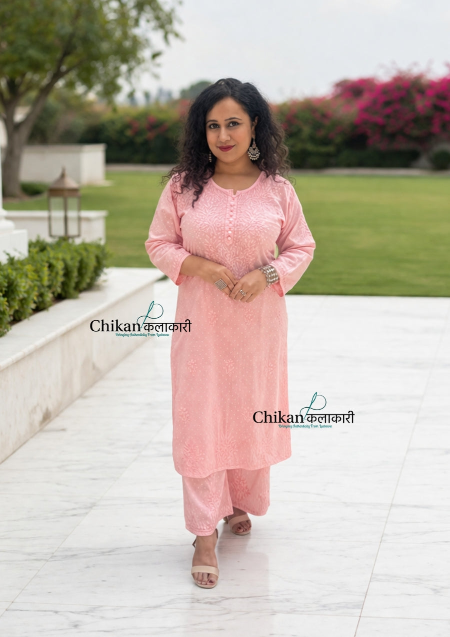 Adah Cotton Chikankari Kurti Set - Peachy Pink