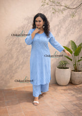 Adah Cotton Chikankari Kurti Set - Powder Blue