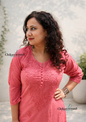 Adah Cotton Chikankari Kurti Set - Rust