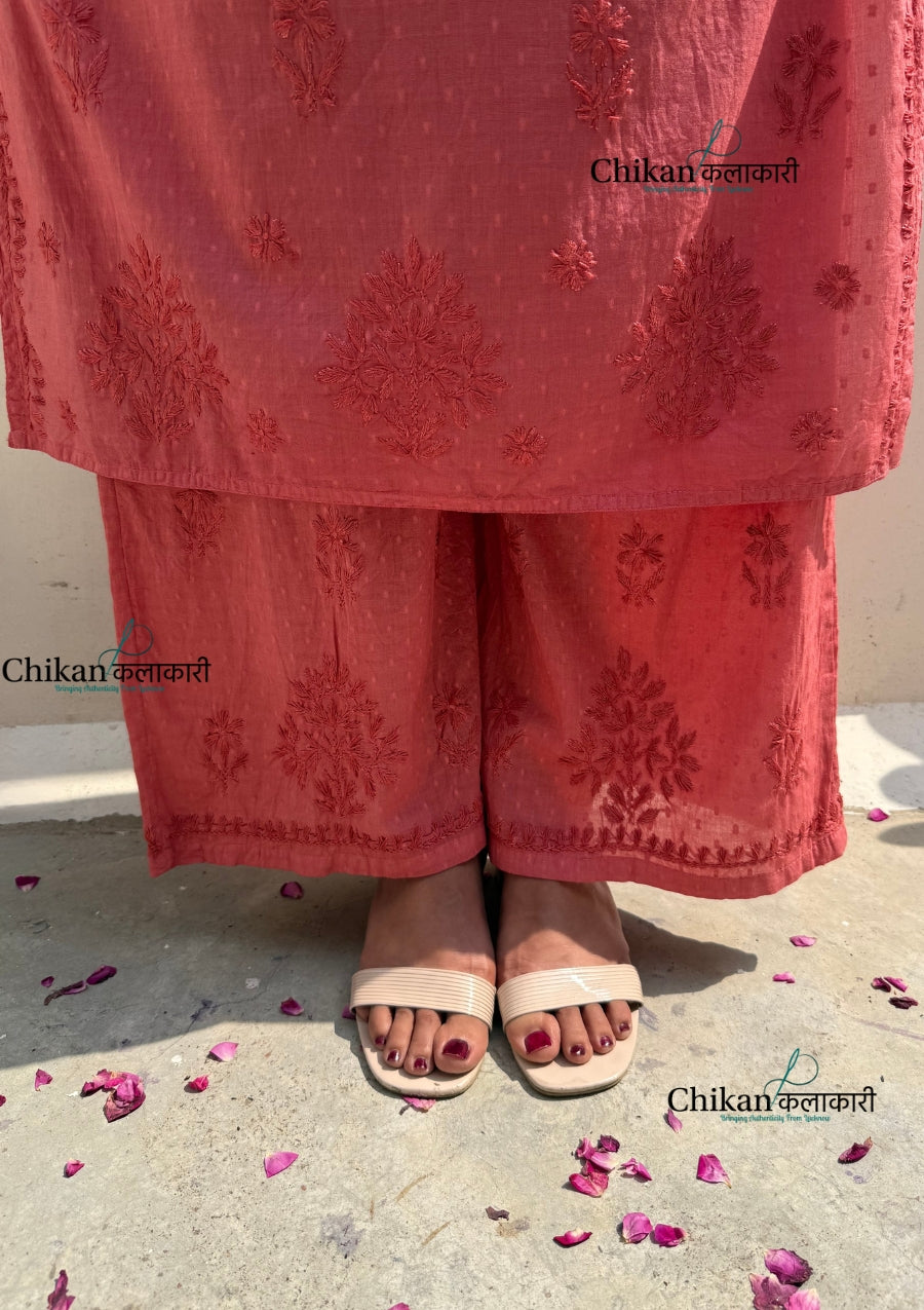 Adah Cotton Chikankari Kurti Set - Rust