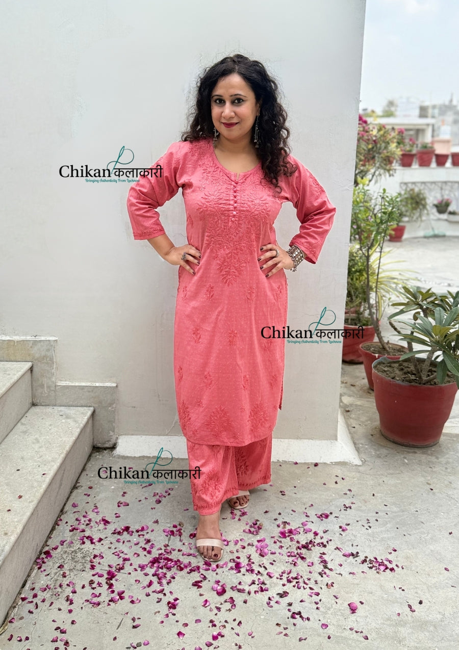 Adah Cotton Chikankari Kurti Set - Rust