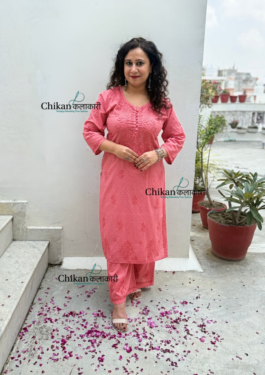 Adah Cotton Chikankari Kurti Set - Rust