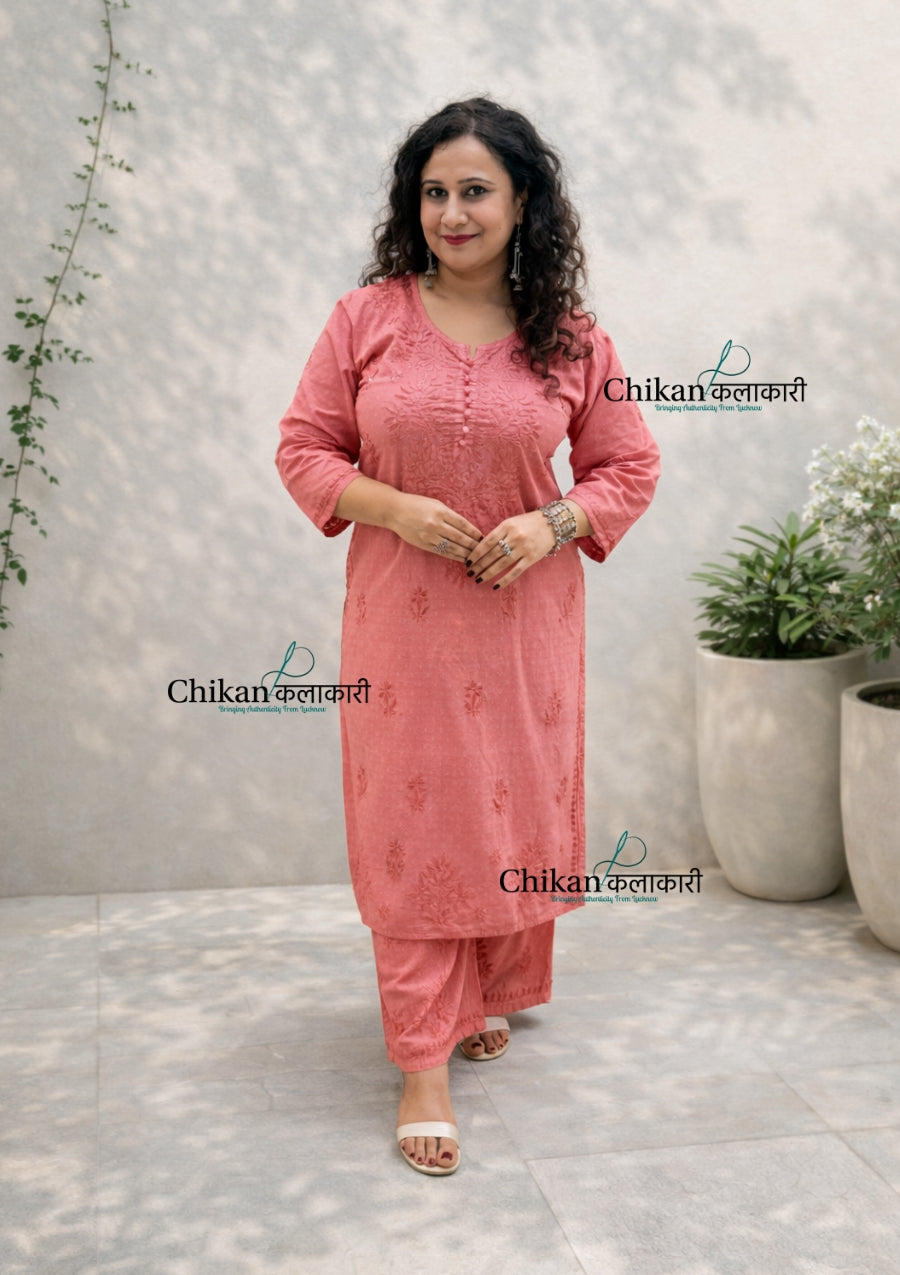 Adah Cotton Chikankari Kurti Set - Rust