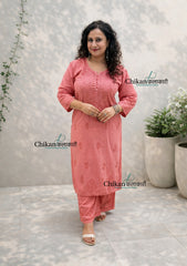 Adah Cotton Chikankari Kurti Set - Rust