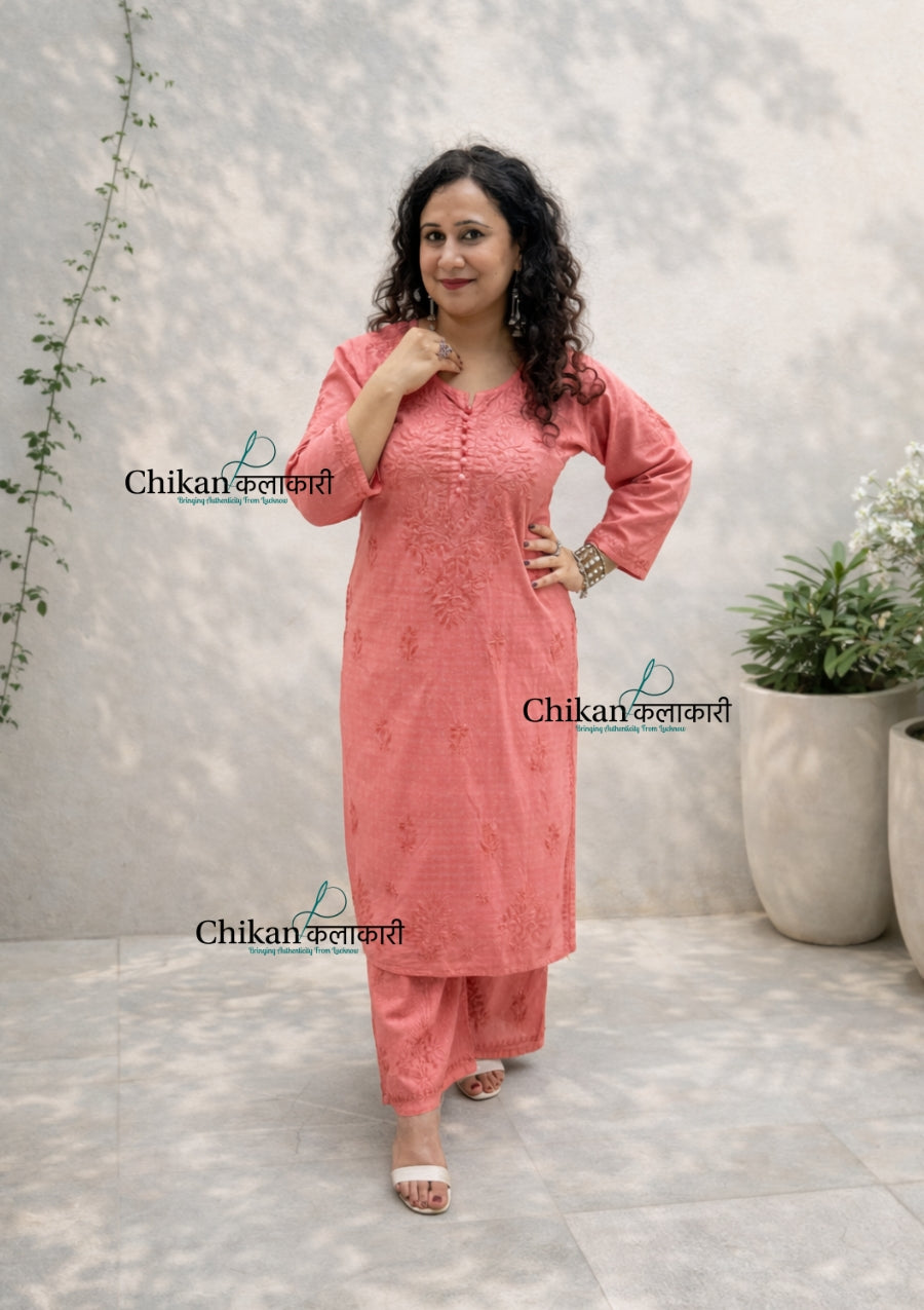 Adah Cotton Chikankari Kurti Set - Rust