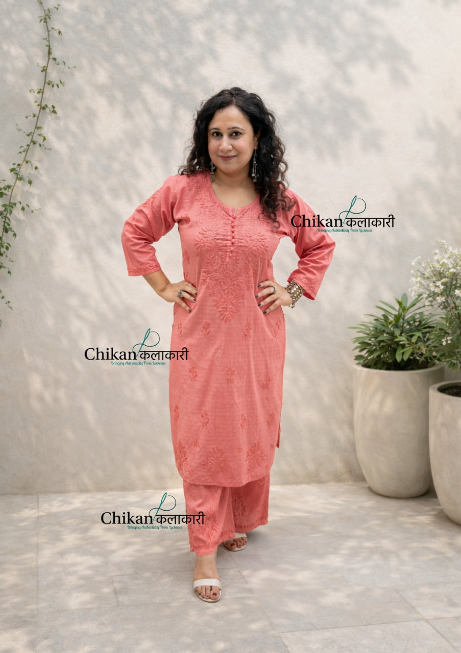 Adah Cotton Chikankari Kurti Set - Rust