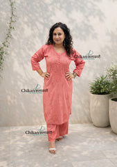 Adah Cotton Chikankari Kurti Set - Rust