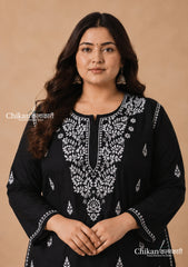 Adira Black Cotton Chikankari Kurti - Plus Size