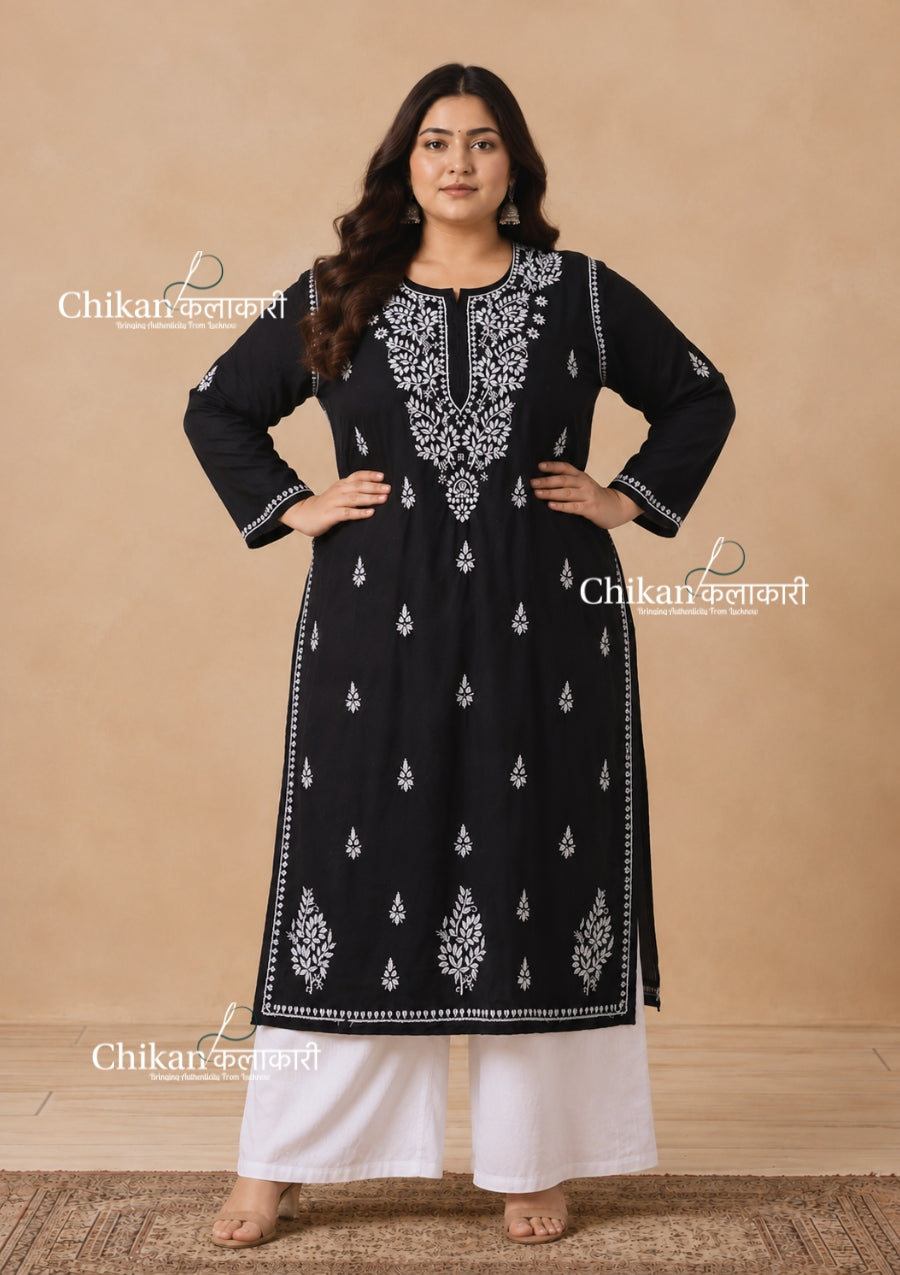 Adira Black Cotton Chikankari Kurti - Plus Size