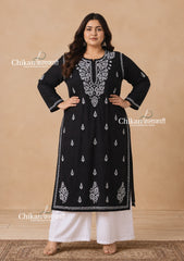 Adira Black Cotton Chikankari Kurti - Plus Size