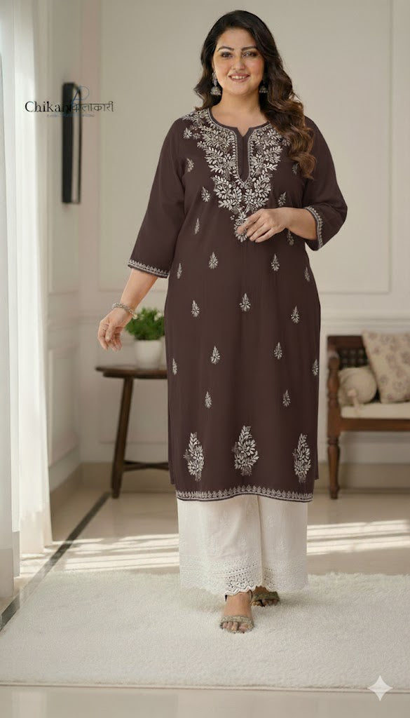 Adira Brown Cotton Chikankari Kurti - Plus Size