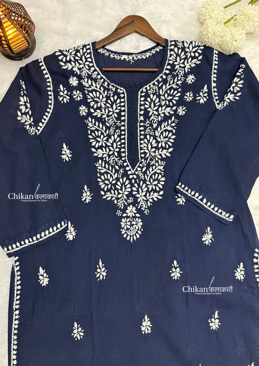 Adira Blue Cotton Chikankari Kurti - Plus Size