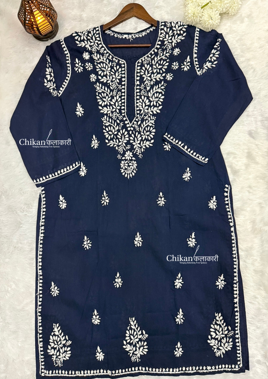 Adira Blue Cotton Chikankari Kurti - Plus Size