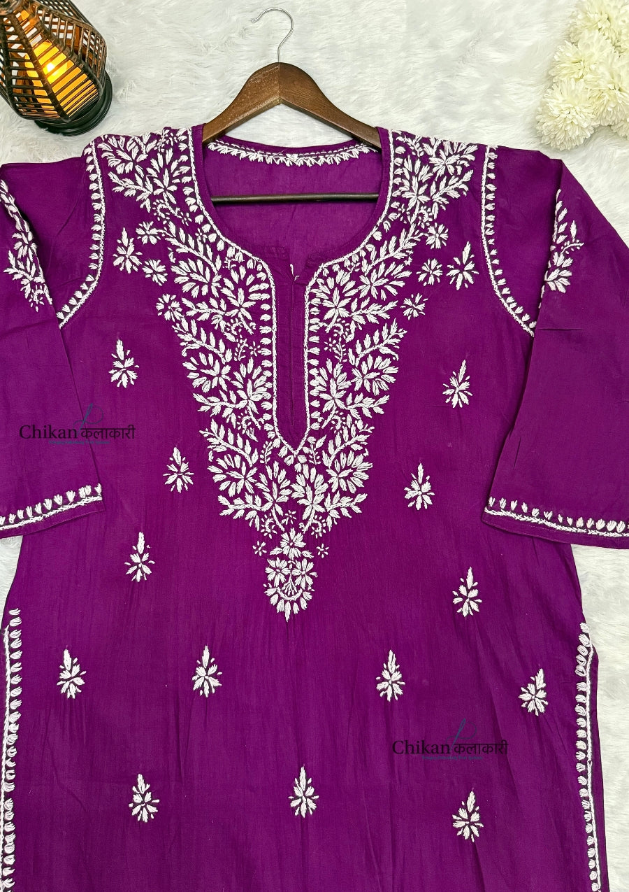 Adira Wine Cotton Chikankari Kurti - Plus Size