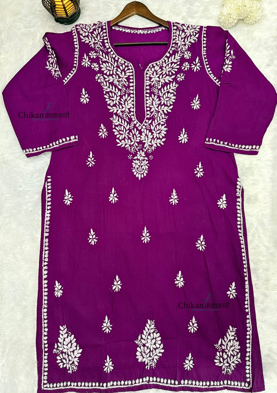 Adira Wine Cotton Chikankari Kurti - Plus Size