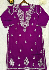 Adira Wine Cotton Chikankari Kurti - Plus Size