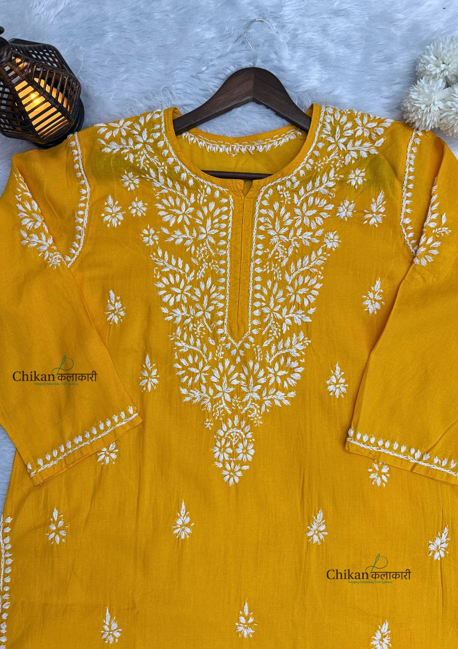 Adira Yellow Cotton Chikankari Kurti - Plus Size