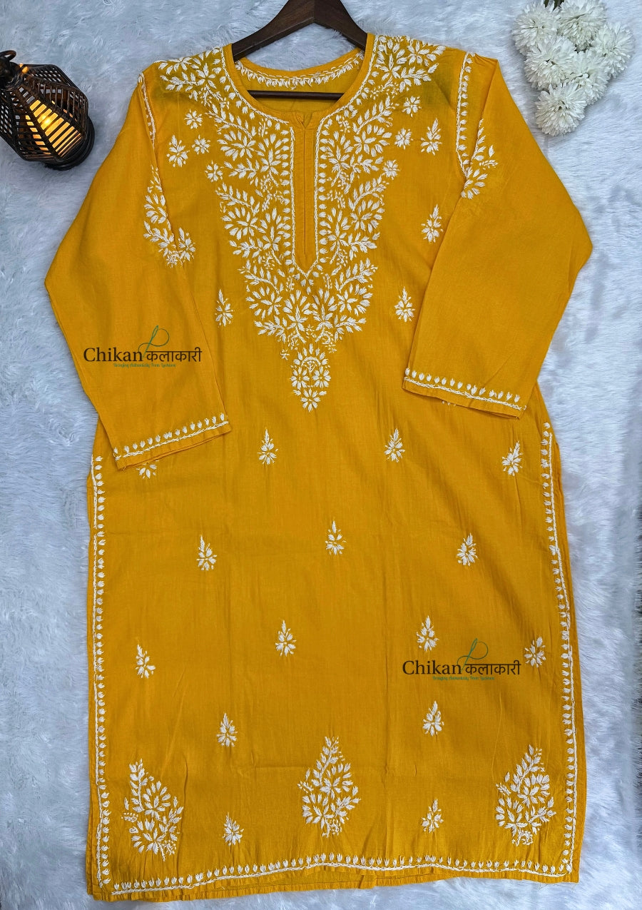 Adira Yellow Cotton Chikankari Kurti - Plus Size
