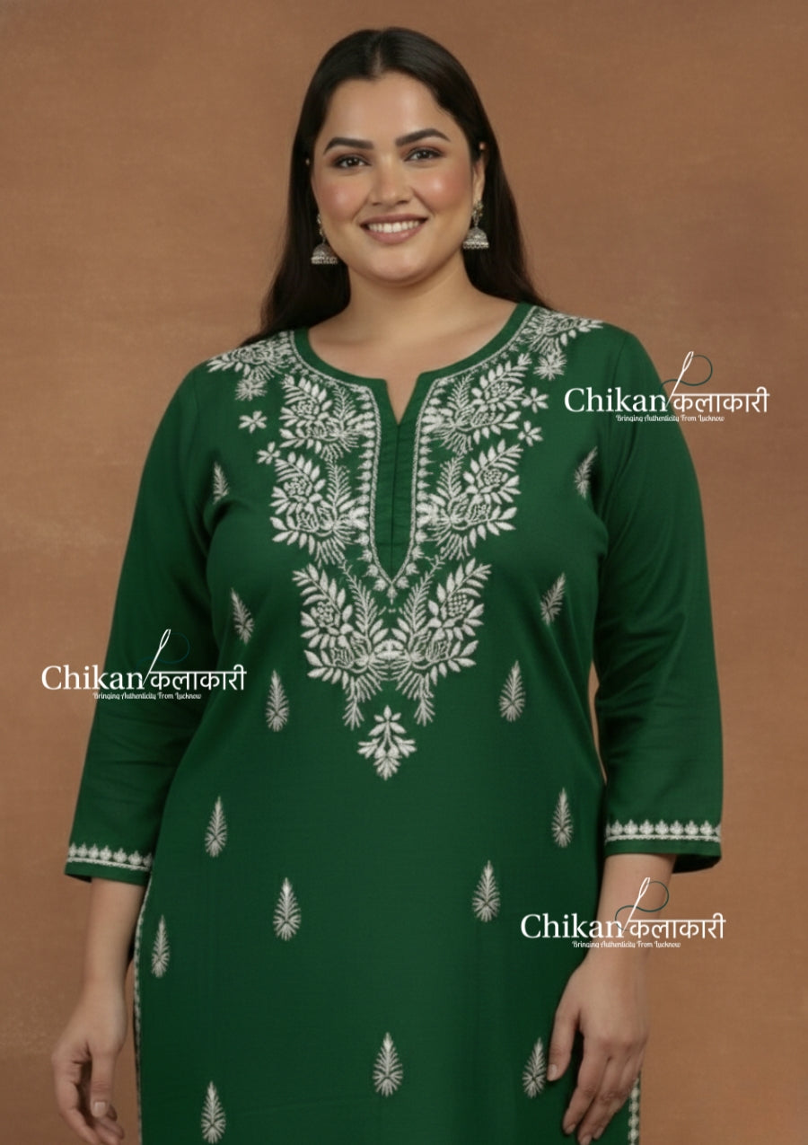 Adira Green Cotton Chikankari Kurti - Plus Size
