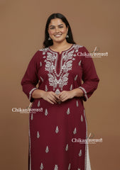 Adira Maroon Cotton Chikankari Kurti - Plus Size