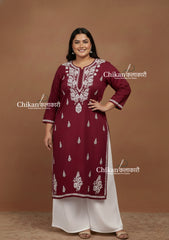 Adira Maroon Cotton Chikankari Kurti - Plus Size