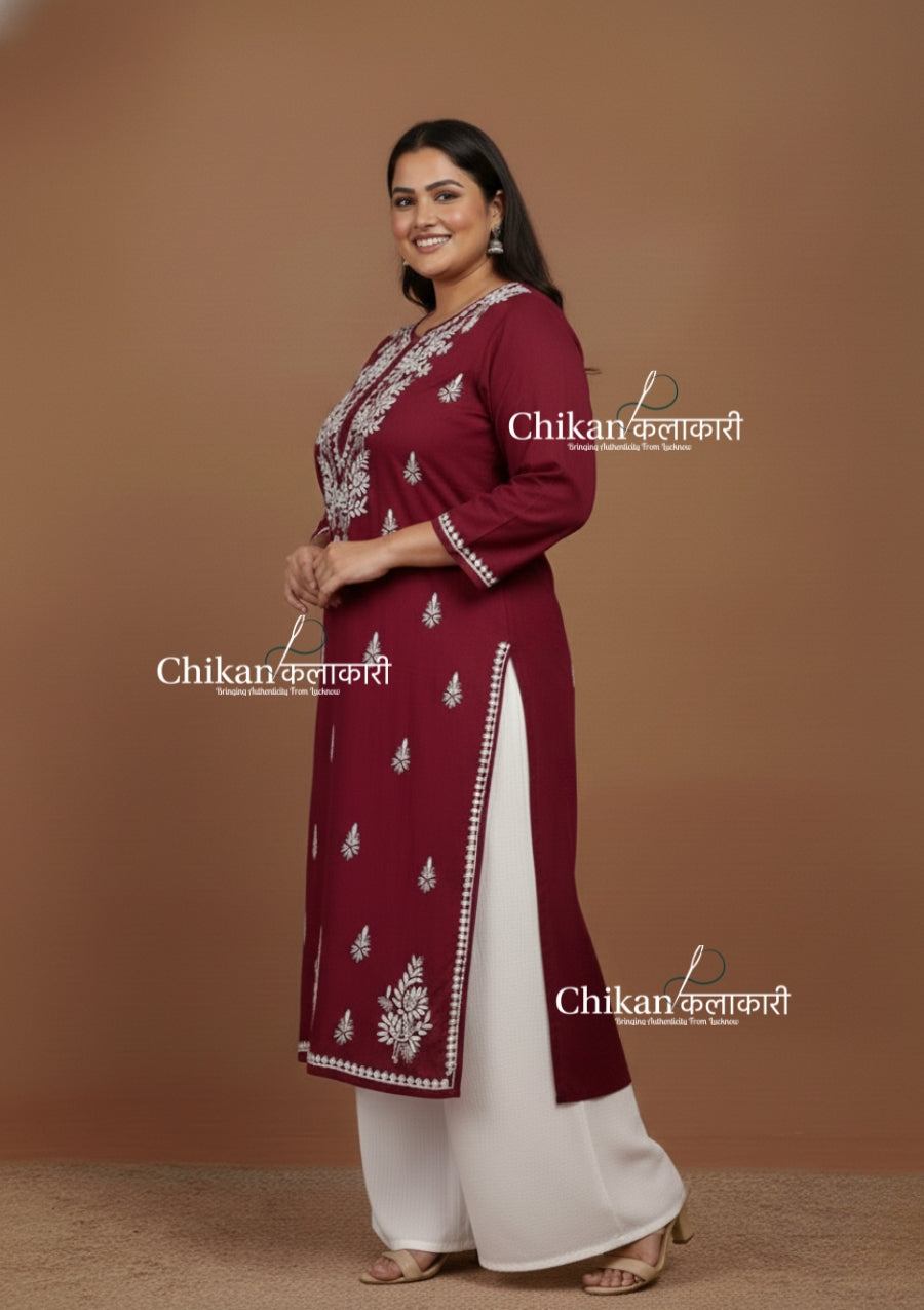 Adira Maroon Cotton Chikankari Kurti - Plus Size