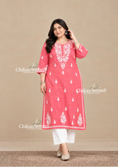 Adira Coral Pink Cotton Chikankari Kurti - Plus Size