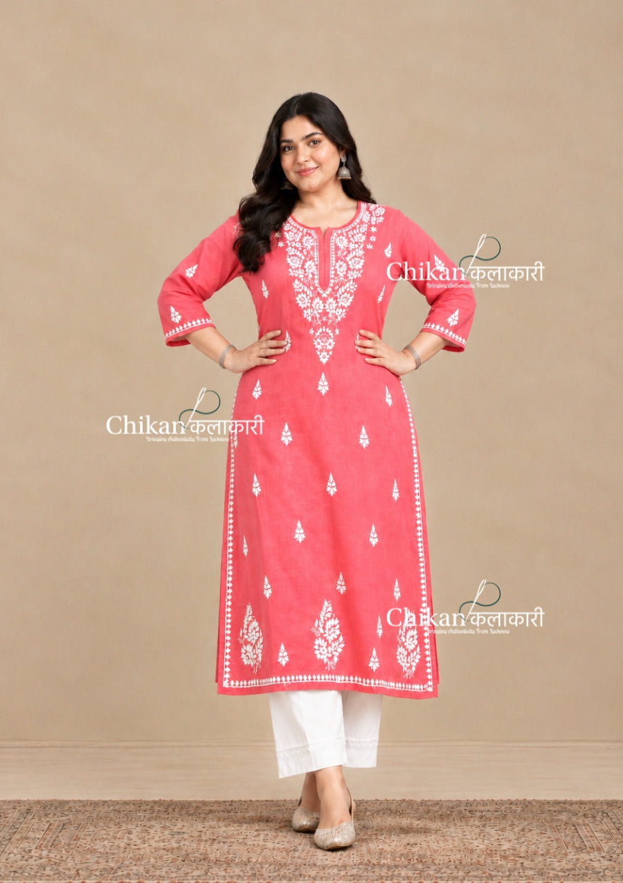 Adira Coral Pink Cotton Chikankari Kurti - Plus Size