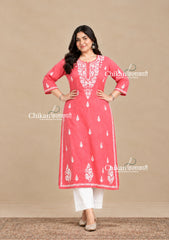 Adira Coral Pink Cotton Chikankari Kurti - Plus Size