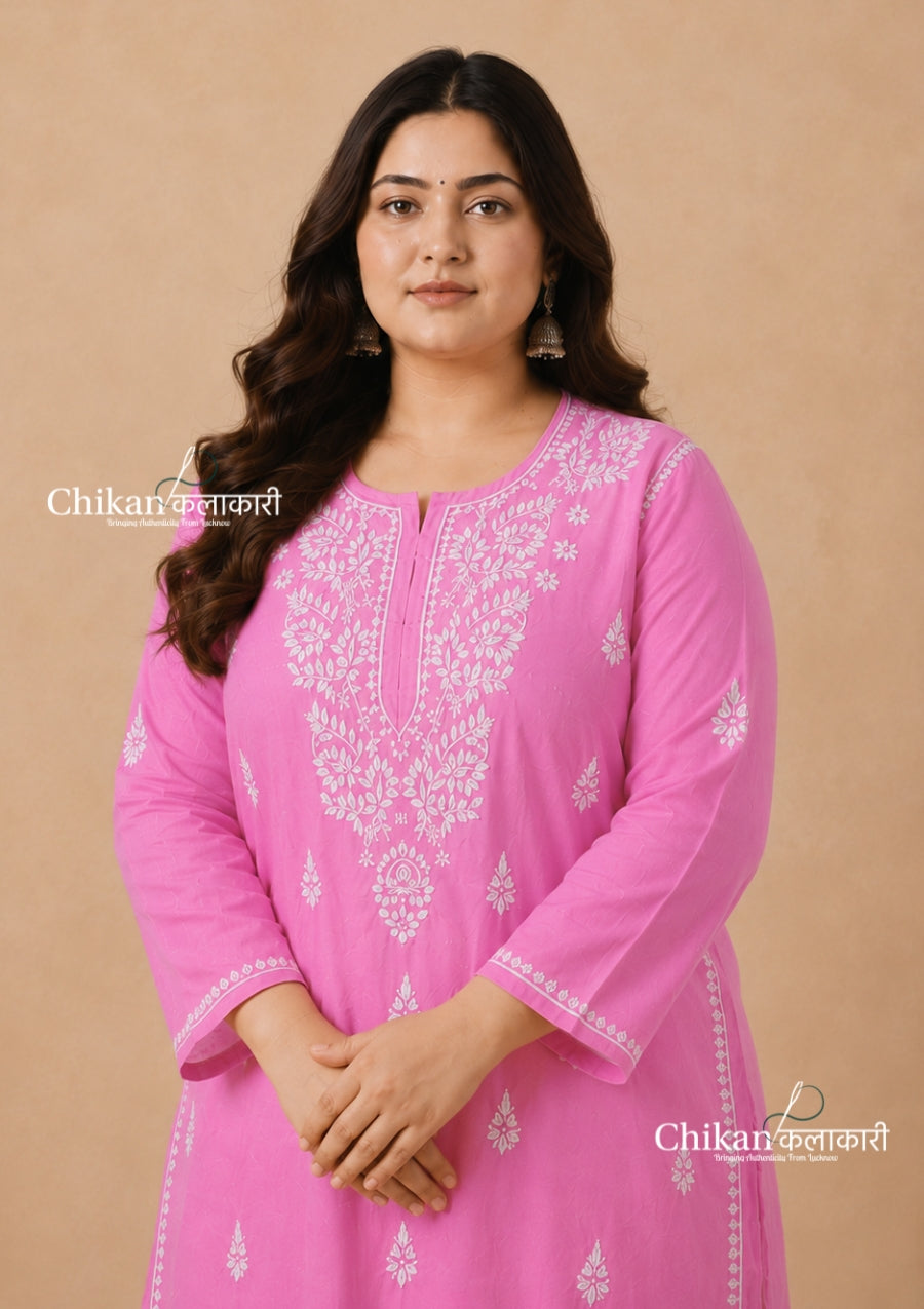 Adira Pink Cotton Chikankari Kurti - Plus Size
