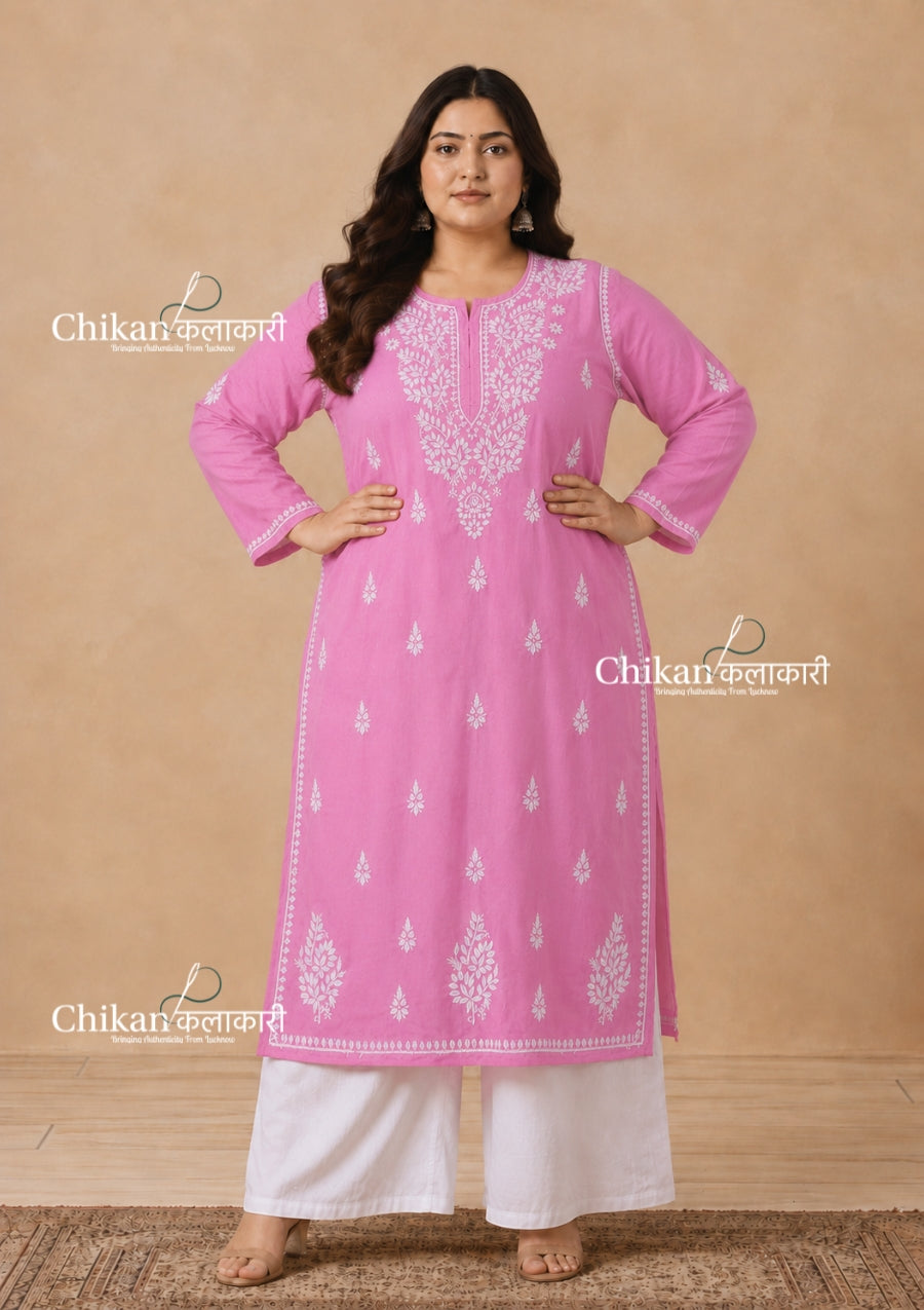Adira Pink Cotton Chikankari Kurti - Plus Size