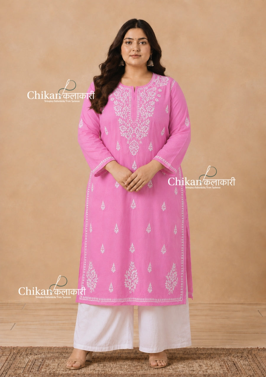 Adira Pink Cotton Chikankari Kurti - Plus Size