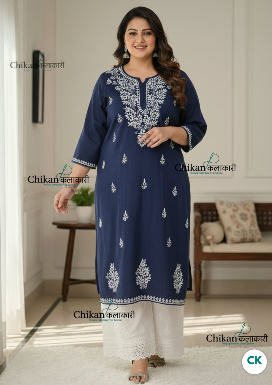 Adira Blue Cotton Chikankari Kurti - Plus Size