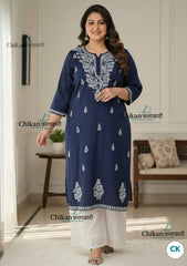 Adira Blue Cotton Chikankari Kurti - Plus Size