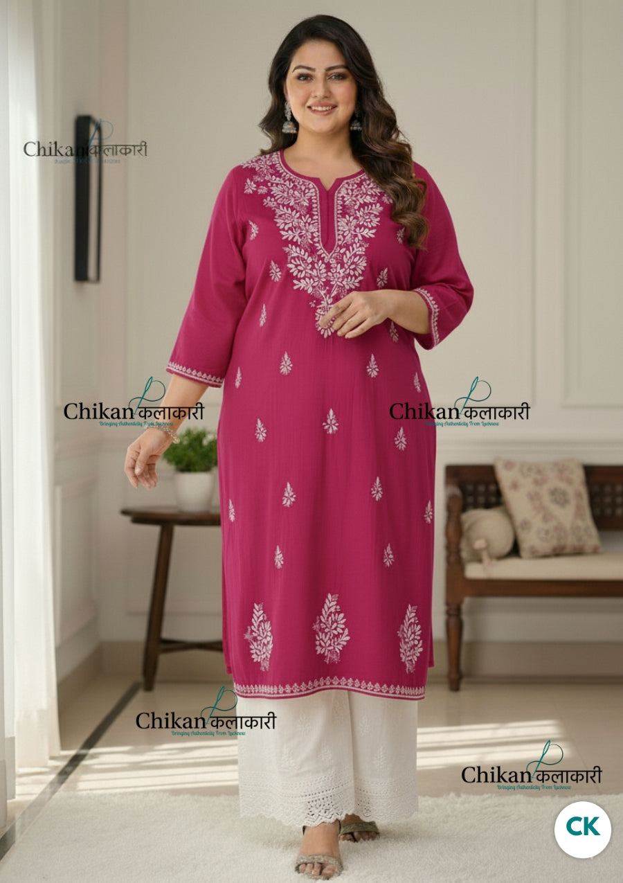 Adira Magenta Cotton Chikankari Kurti - Plus Size