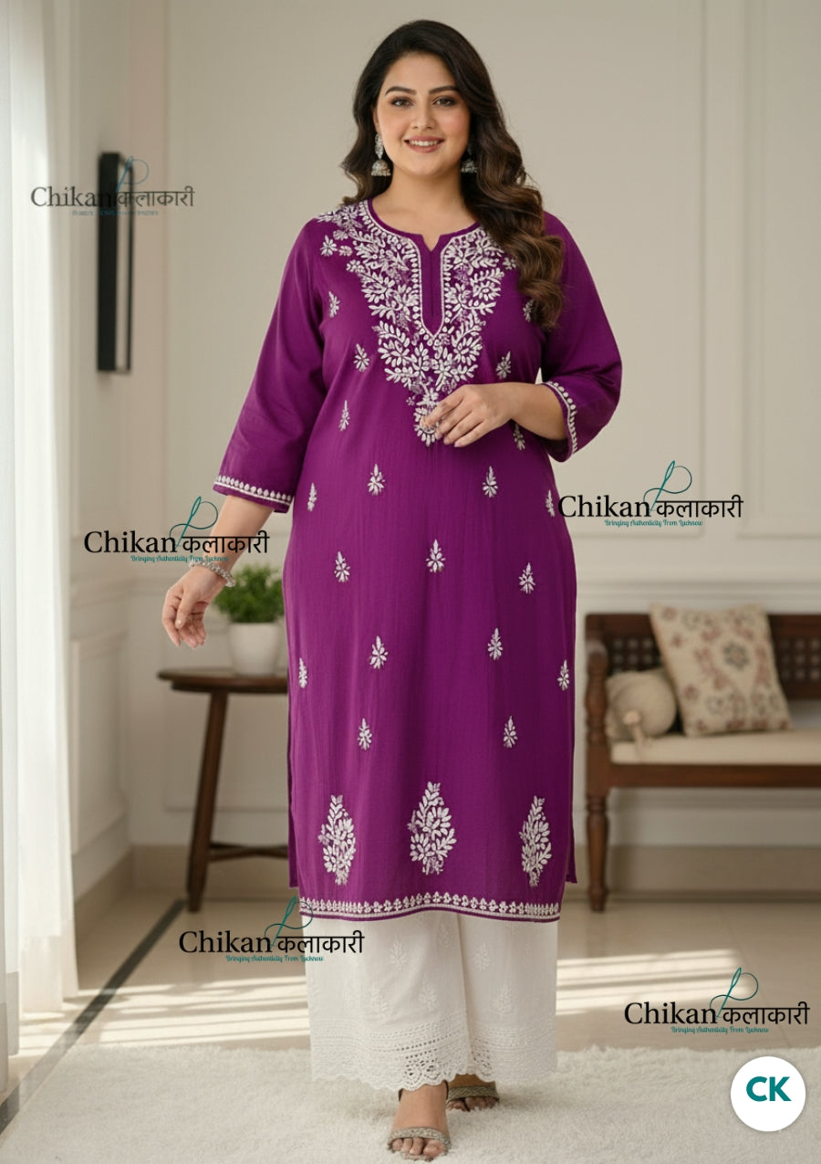 Adira Wine Cotton Chikankari Kurti - Plus Size